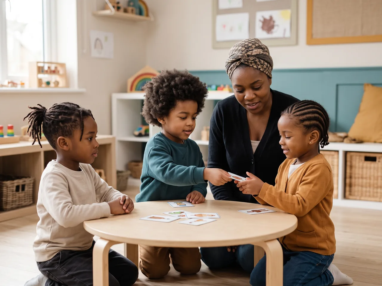 Three children at a round table take turns passing picture cards, with a practitioner leaning in beside them.