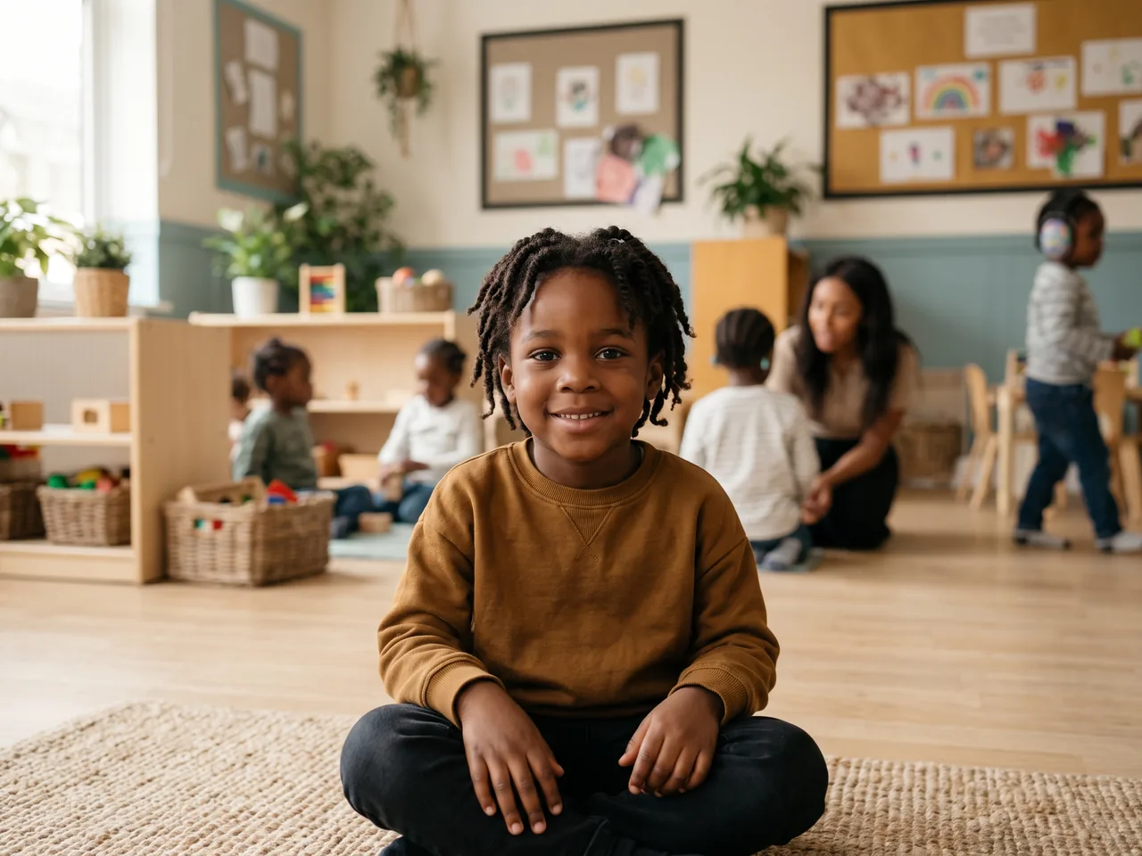 A smiling child sitting on a rug in a bright nursery, looking directly at the camera, with other children and an adult playing behind them.